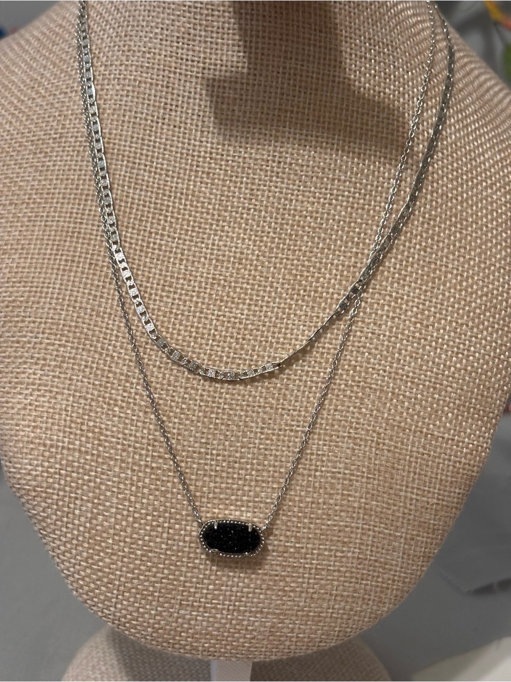 Kendra Scott Silver Layered Necklace with Black Pendant